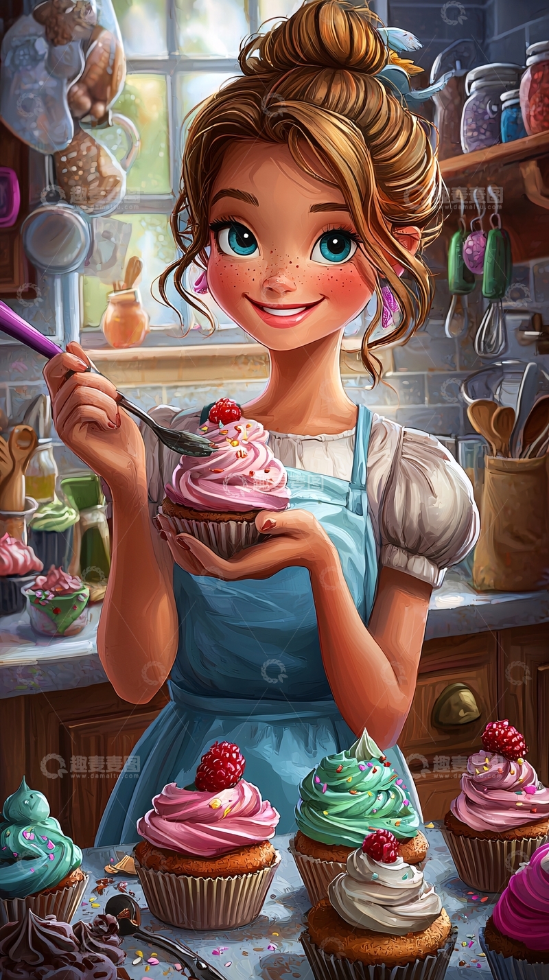 高清大图下载【趣麦麦图】卡通女孩制作纸杯蛋糕