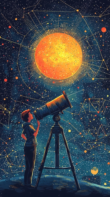 男孩用望远镜看太阳