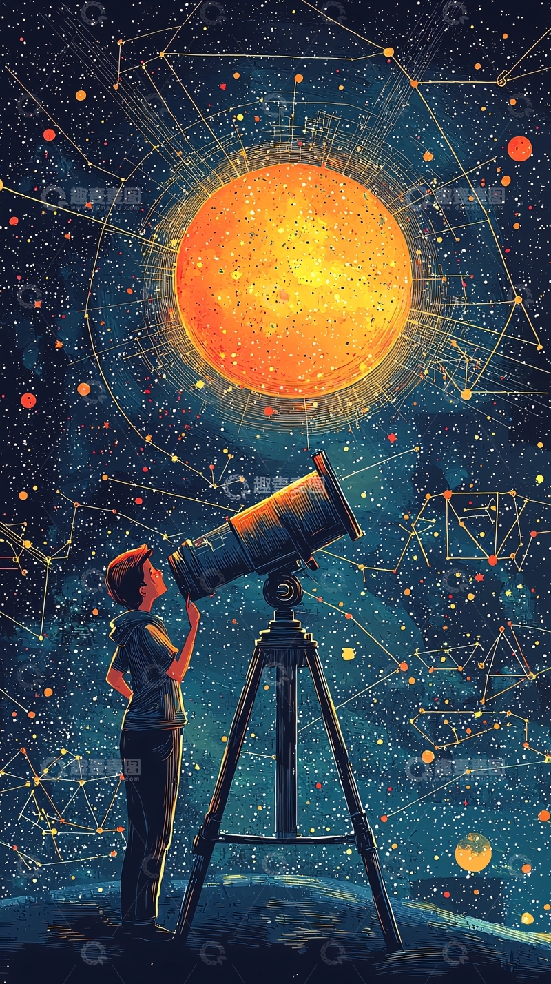 高清大图下载【趣麦麦图】男孩用望远镜看太阳