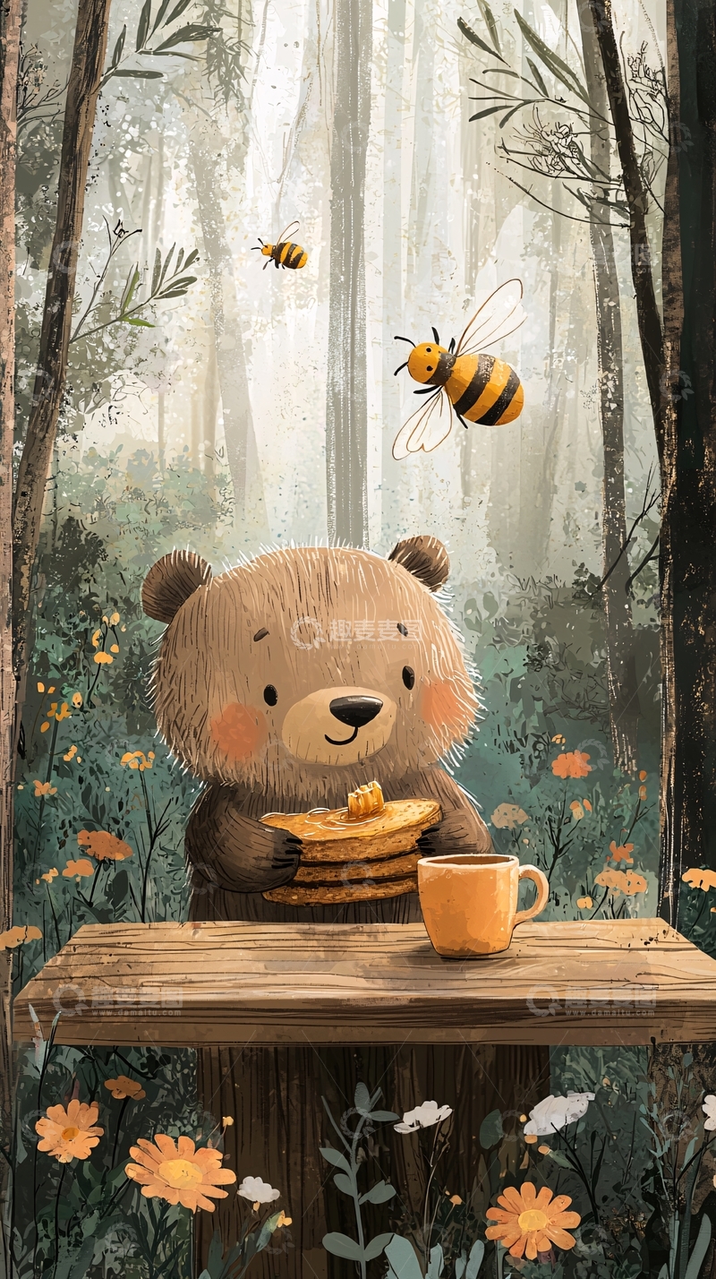 高清大图下载【趣麦麦图】卡通熊吃蜂蜜面包