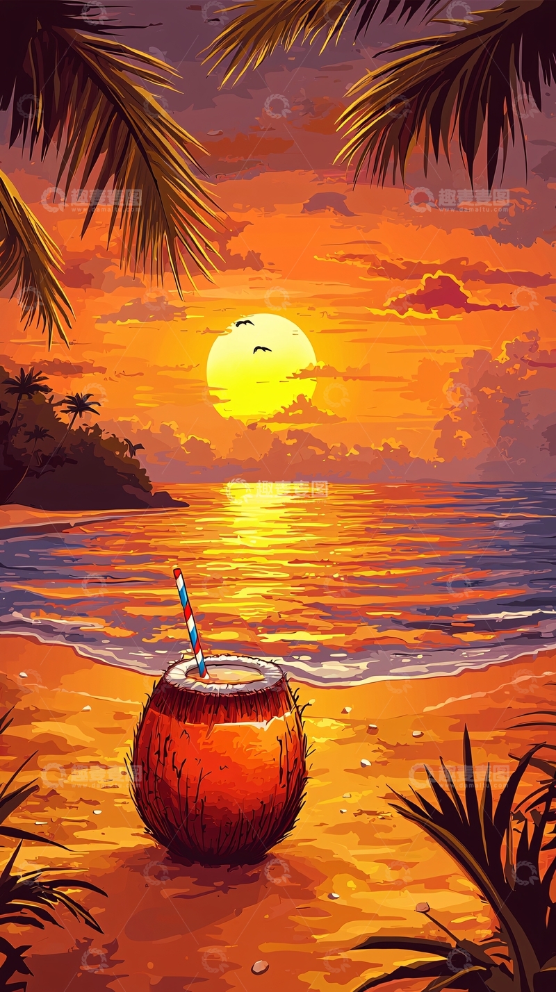 高清大图下载【趣麦麦图】热带海滩日落椰子饮品