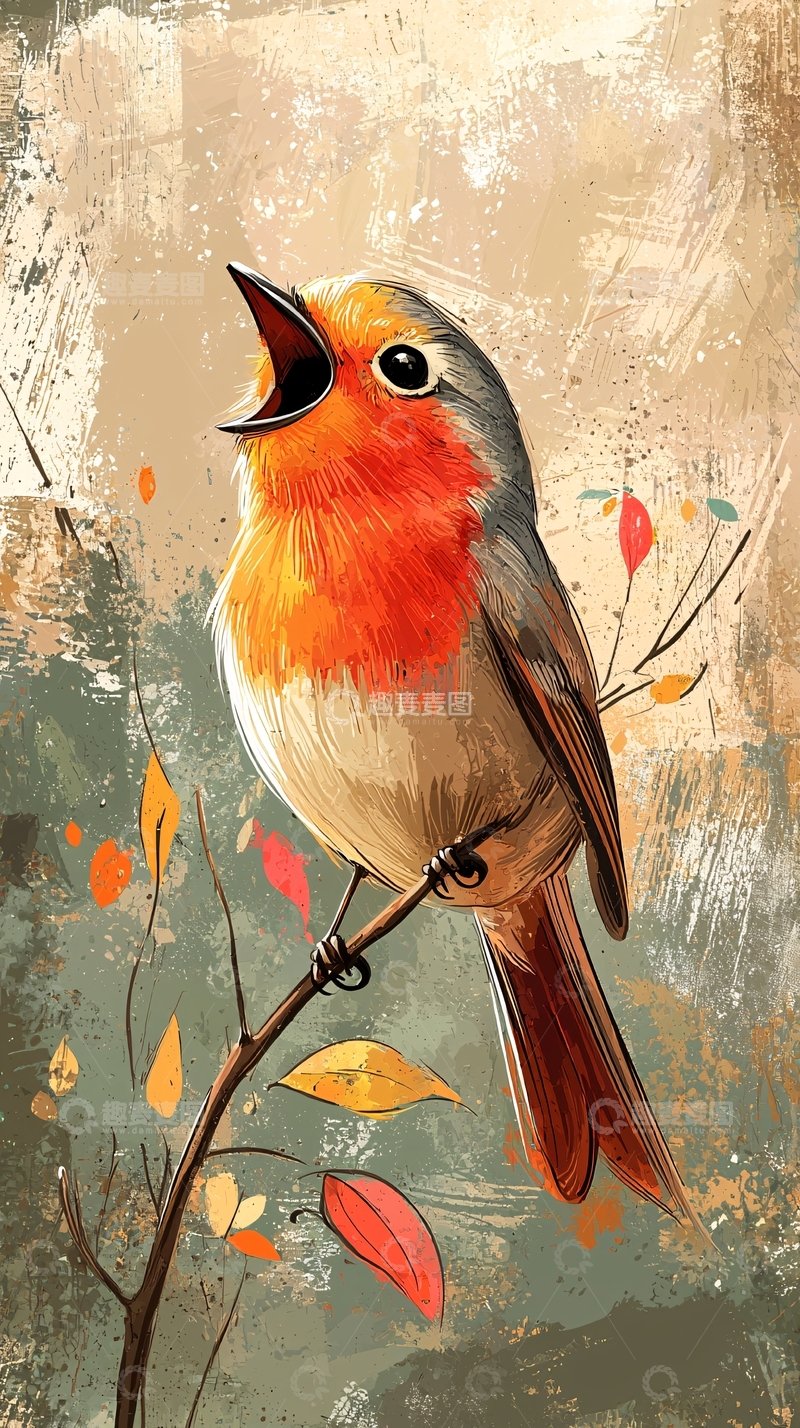 高清大图下载【趣麦麦图】红色知更鸟在枝头鸣叫