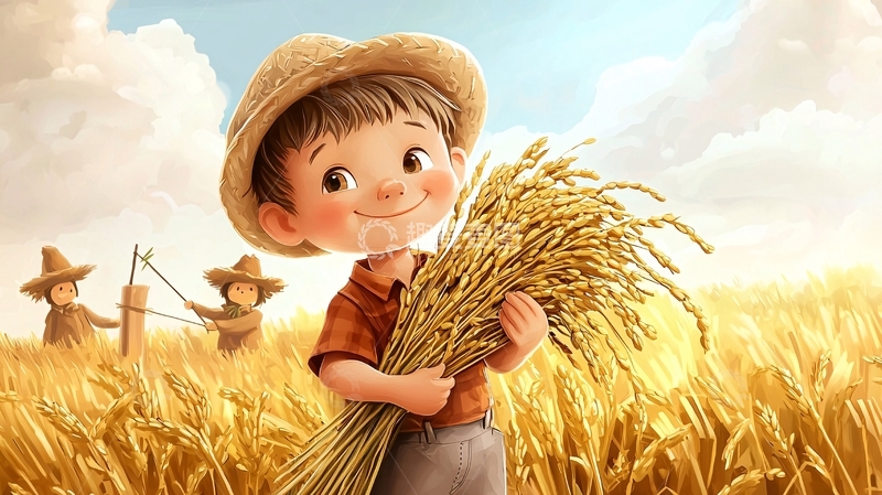 高清大图下载【趣麦麦图】可爱卡通男孩麦田