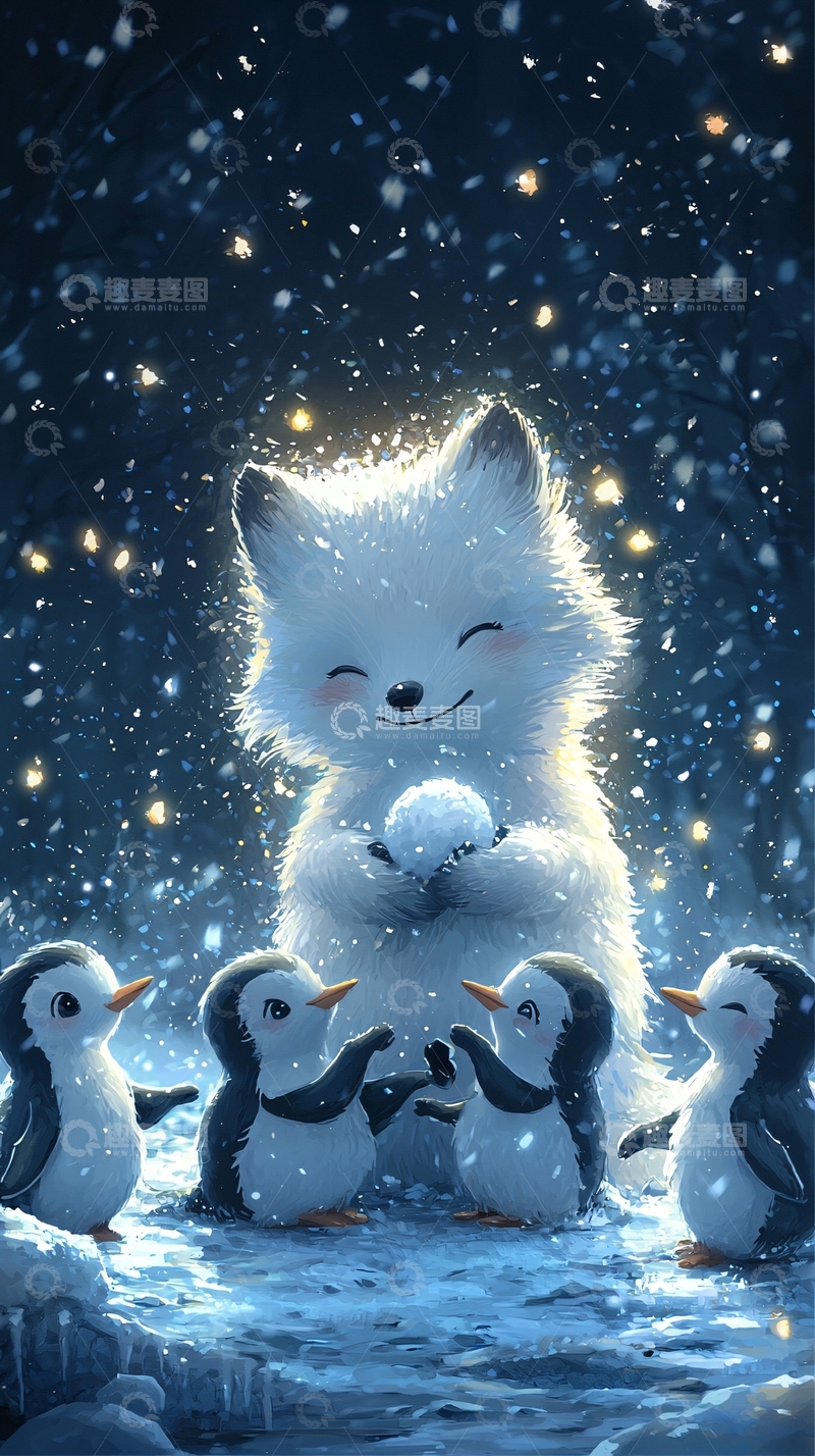 高清大图下载【趣麦麦图】雪地里可爱的狐狸和企鹅