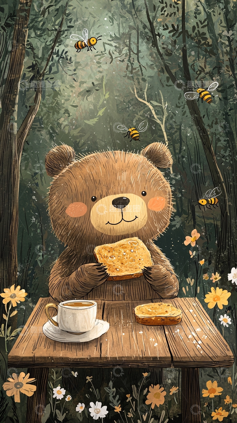 高清大图下载【趣麦麦图】森林里棕熊吃早餐