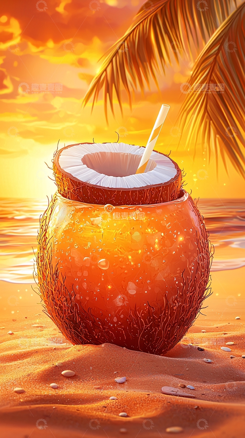 高清大图下载【趣麦麦图】日落海滩椰子汁