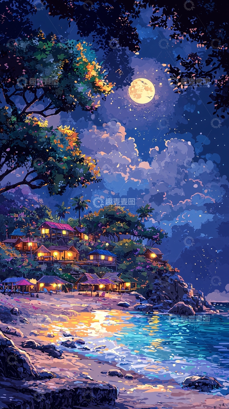 高清大图下载【趣麦麦图】月夜海边小屋