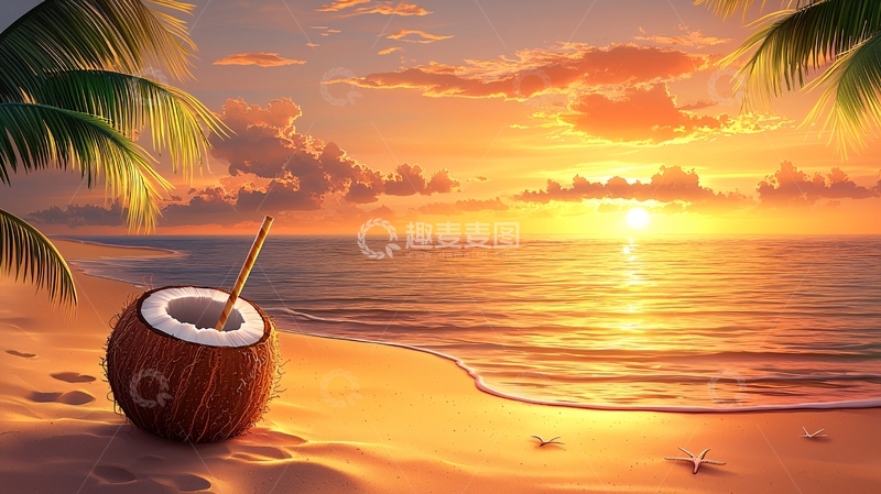 高清大图下载【趣麦麦图】椰林树影下的海滩日落