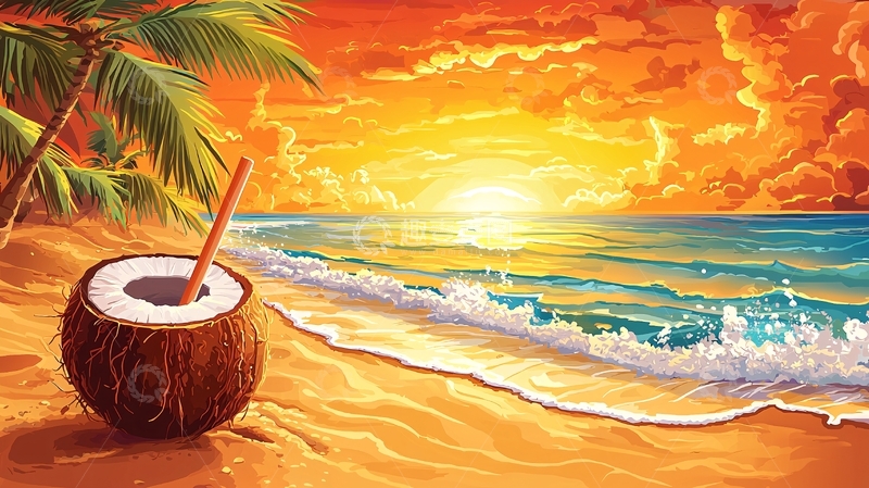 高清大图下载【趣麦麦图】热带海滩椰子日落