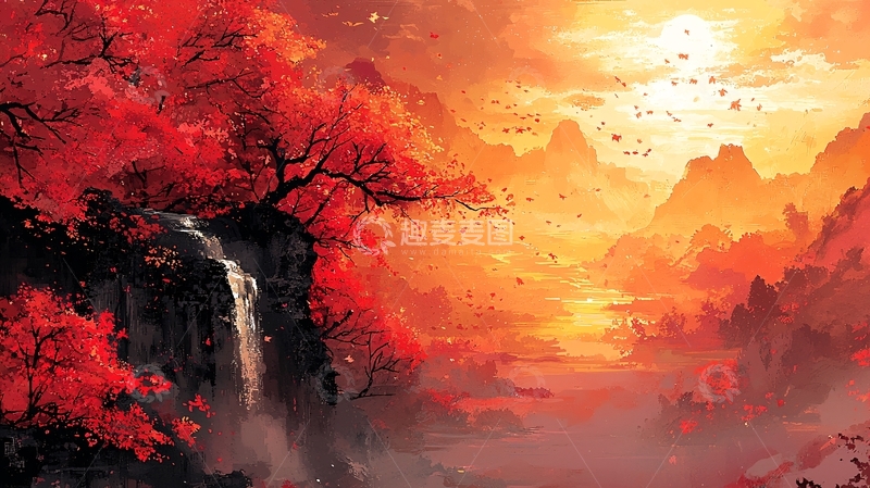 高清大图下载【趣麦麦图】红色山水瀑布