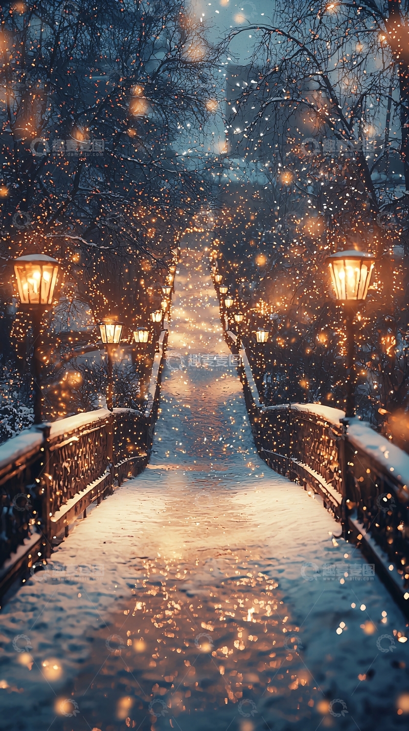 高清大图下载【趣麦麦图】雪夜桥梁路灯浪漫唯美