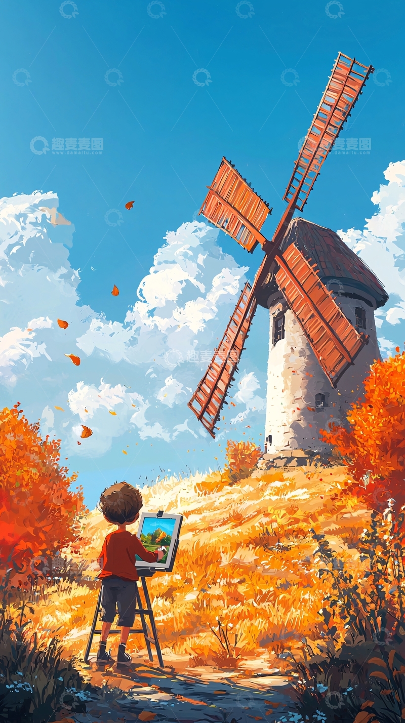高清大图下载【趣麦麦图】秋日风车下的小画家
