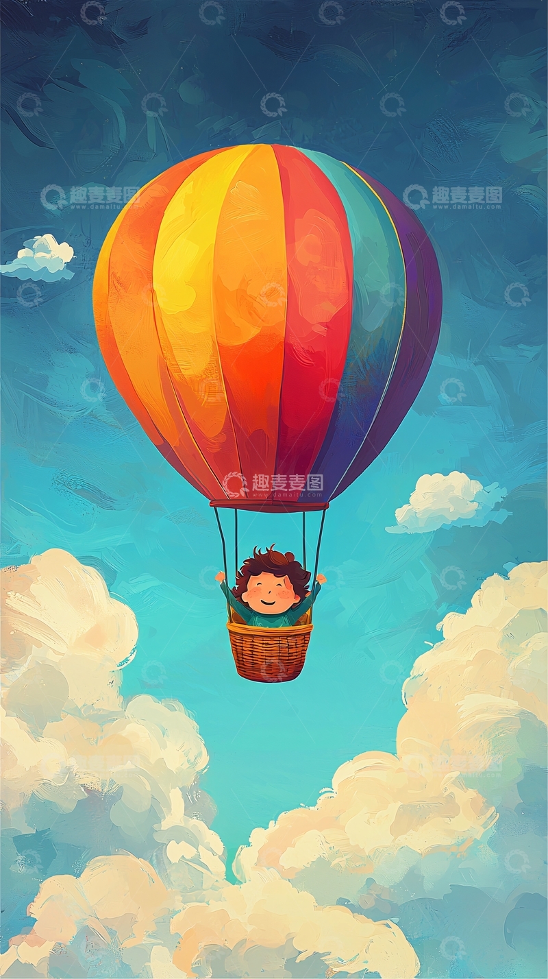 高清大图下载【趣麦麦图】彩色热气球上的小孩