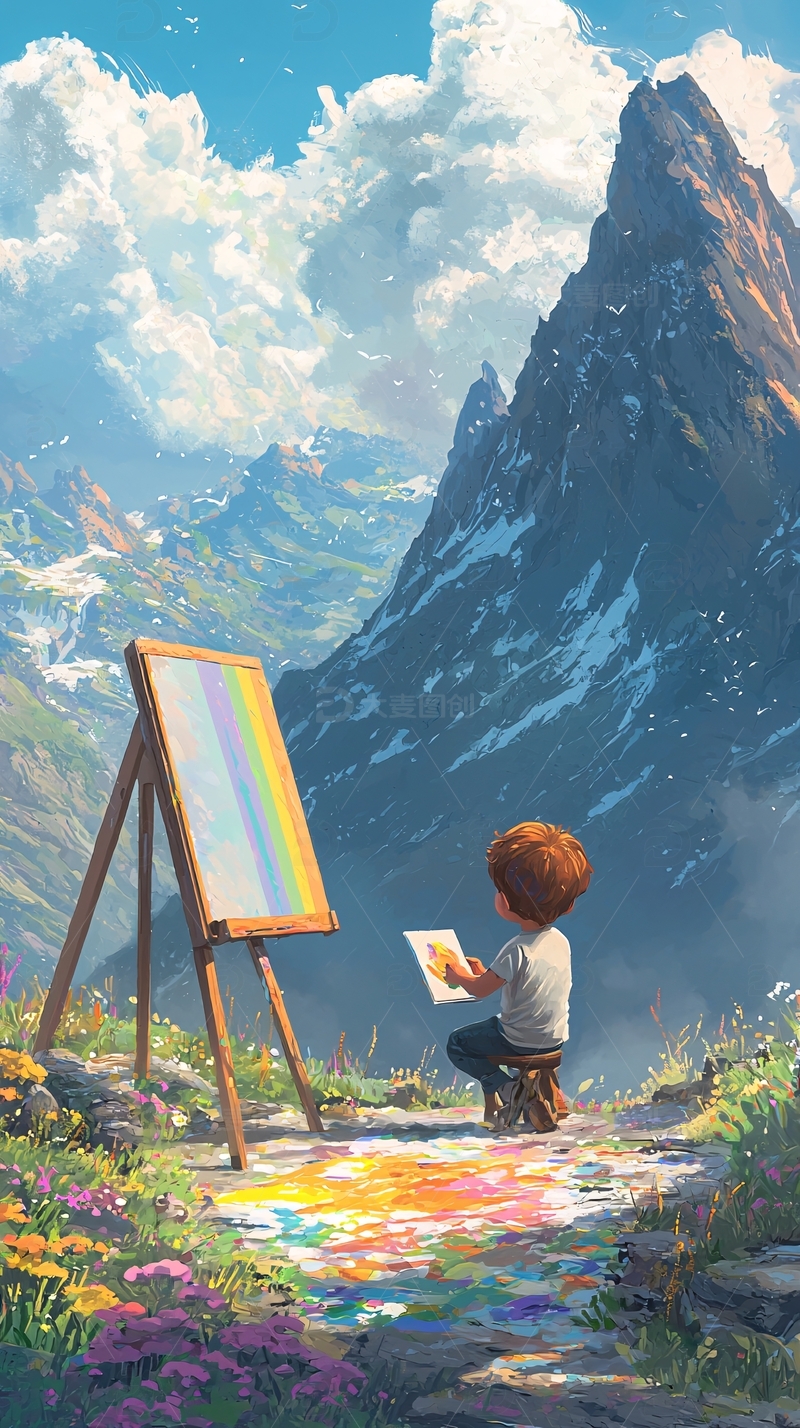 山峰前绘画的孩子