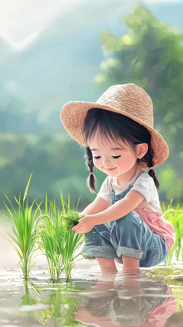 戴草帽的小女孩插秧