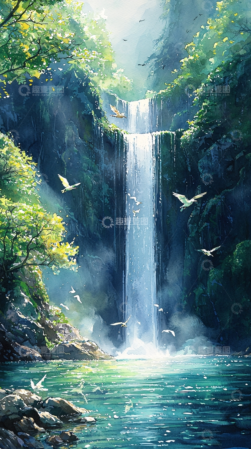 高清大图下载【趣麦麦图】翠绿山间倾泻瀑布