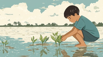 男孩在水边种树苗