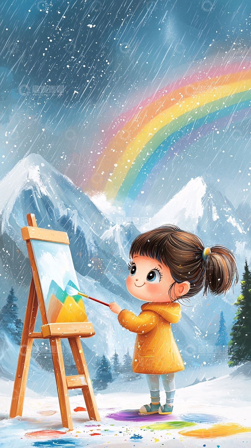 高清大图下载【趣麦麦图】雨中彩虹女孩绘画