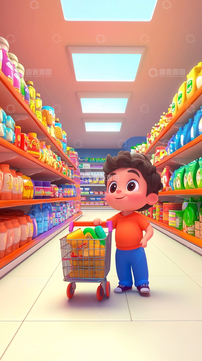 高清大图下载【趣麦麦图】卡通男孩超市购物