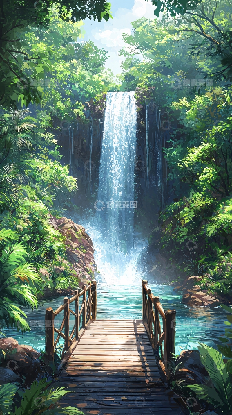 高清大图下载【趣麦麦图】瀑布森林木桥美景