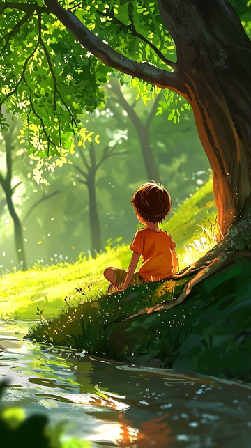 男孩树下溪边