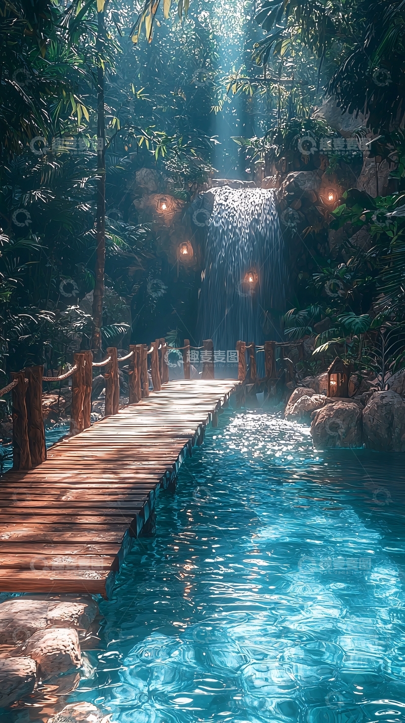 高清大图下载【趣麦麦图】森林小桥流水瀑布