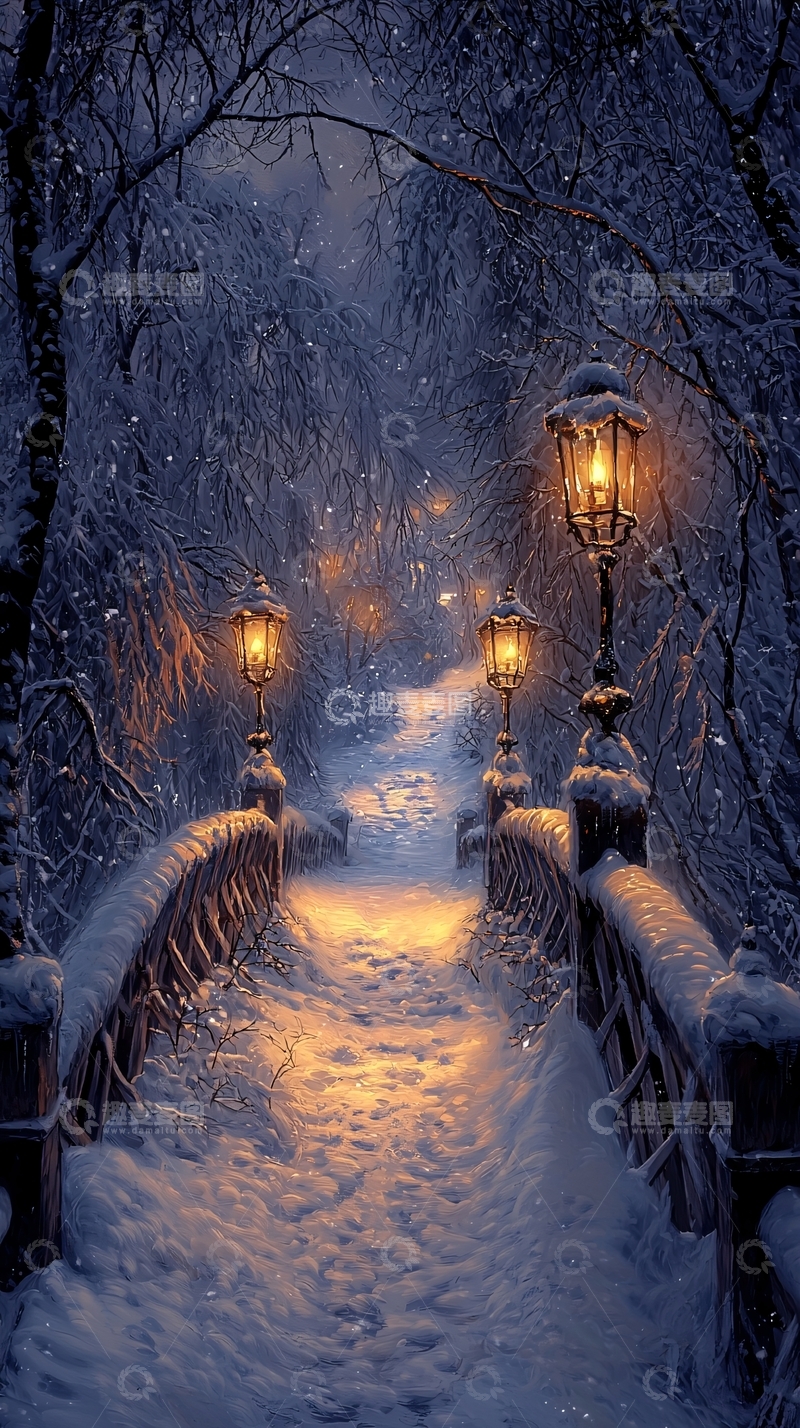 高清大图下载【趣麦麦图】雪夜桥梁灯光路