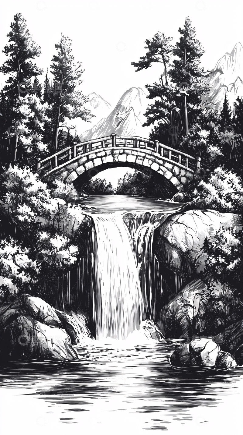 高清大图下载【趣麦麦图】黑白瀑布桥梁风景手绘