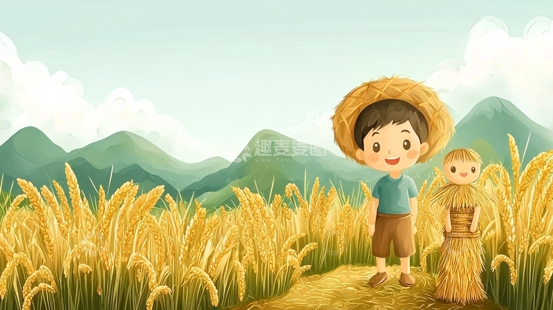 高清大图下载【趣麦麦图】卡通男孩稻田