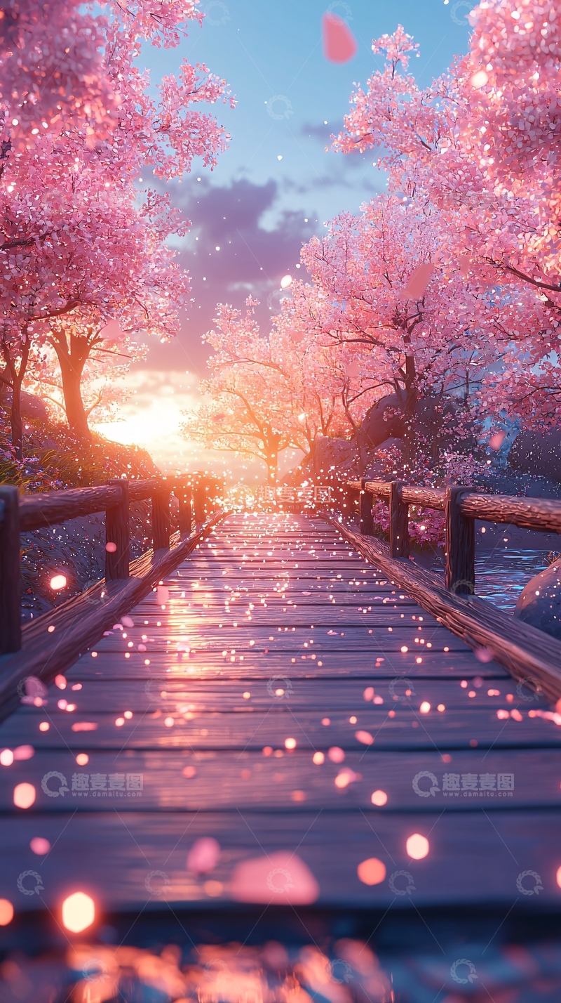 高清大图下载【趣麦麦图】樱花树下的木桥
