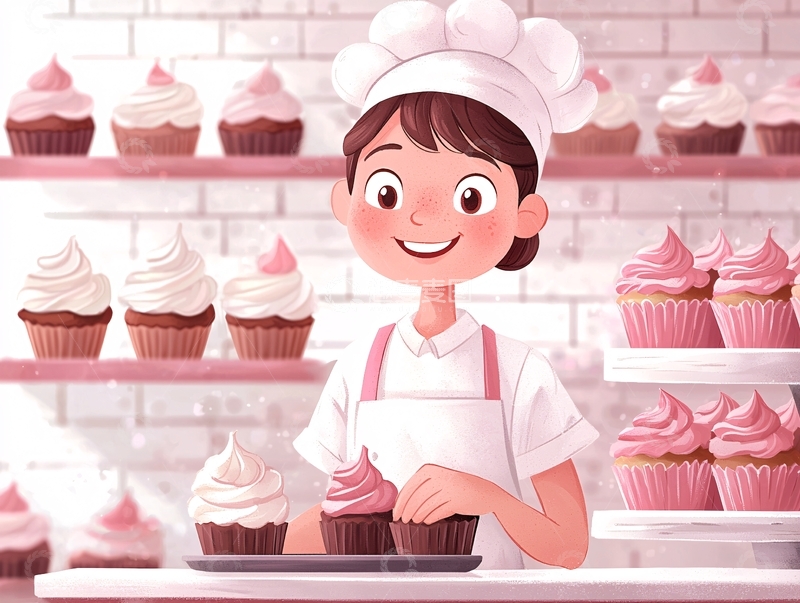 高清大图下载【趣麦麦图】烘焙师和粉色纸杯蛋糕