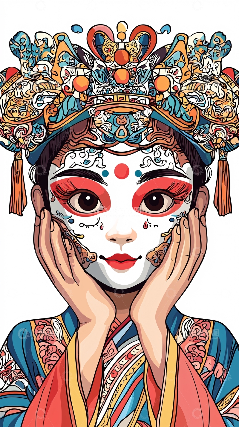 高清大图下载【趣麦麦图】京剧脸谱卡通女孩