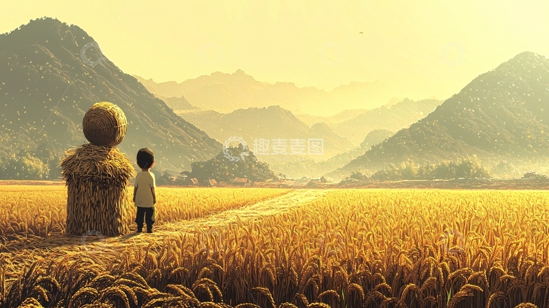 高清大图下载【趣麦麦图】稻草人与小孩的田野黄昏