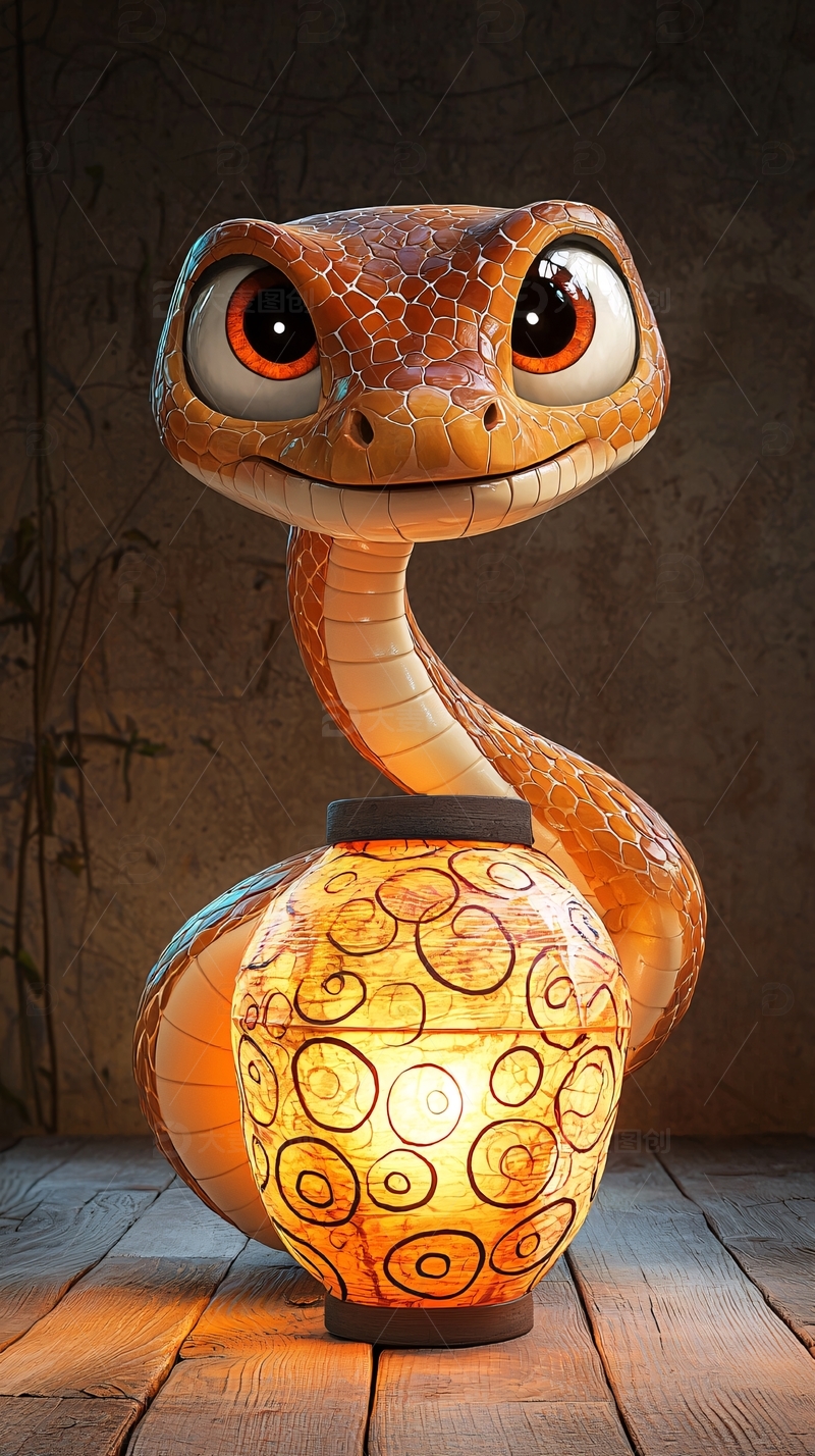 可爱卡通蛇抱着灯笼