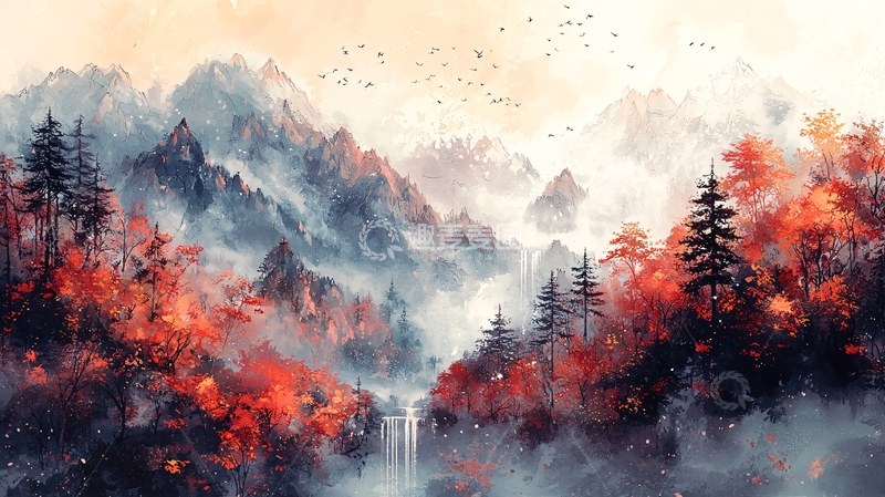 高清大图下载【趣麦麦图】水墨风格山水秋景图
