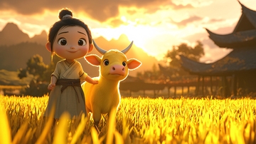 女孩与黄牛田野日落