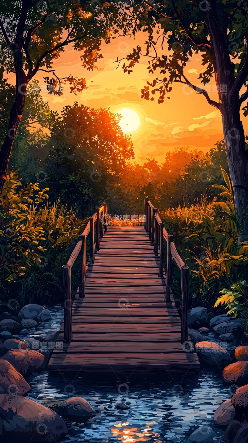 高清大图下载【趣麦麦图】夕阳下的木桥通向森林深处
