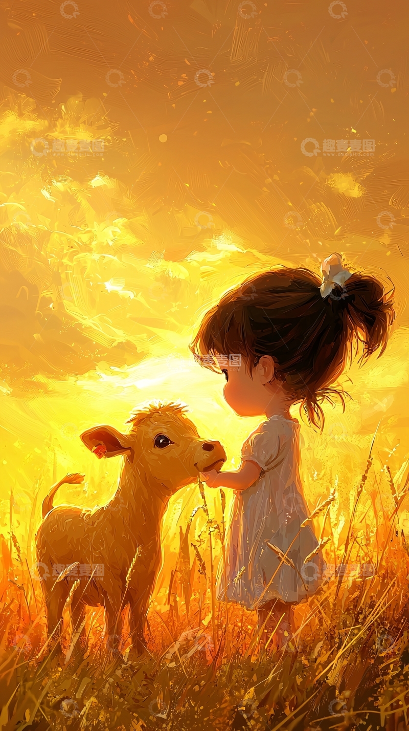 高清大图下载【趣麦麦图】夕阳下女孩喂小牛