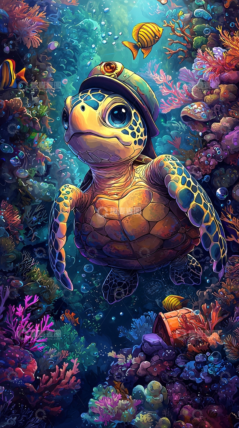 高清大图下载【趣麦麦图】戴帽子的海龟