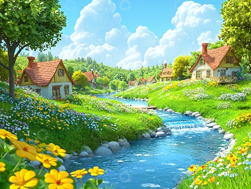 高清大图下载【趣麦麦图】卡通乡村田园风光