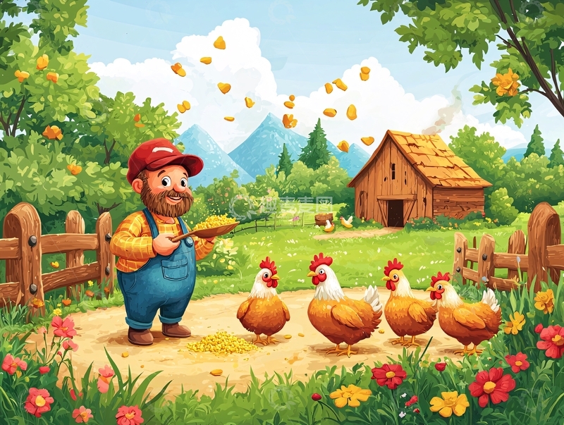 高清大图下载【趣麦麦图】农民喂鸡