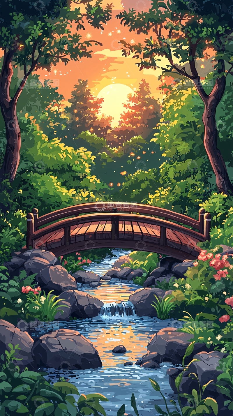 高清大图下载【趣麦麦图】日落小桥流水风景画