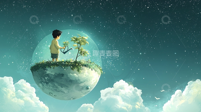 高清大图下载【趣麦麦图】男孩在星球上种树