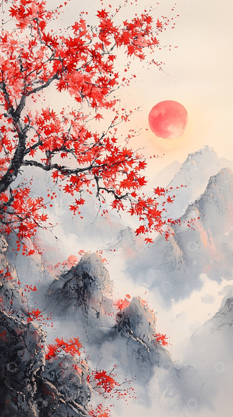 高清大图下载【趣麦麦图】红叶山峰日出图