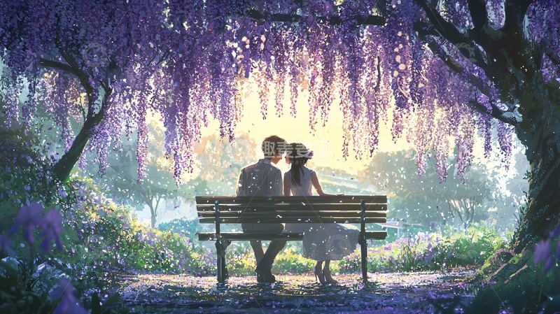 高清大图下载【趣麦麦图】紫藤花下恋人长椅