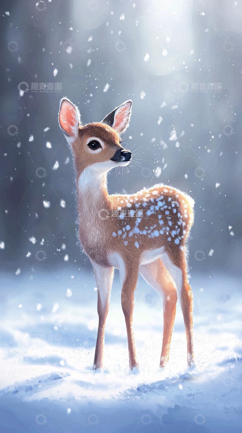 高清大图下载【趣麦麦图】雪中可爱小鹿