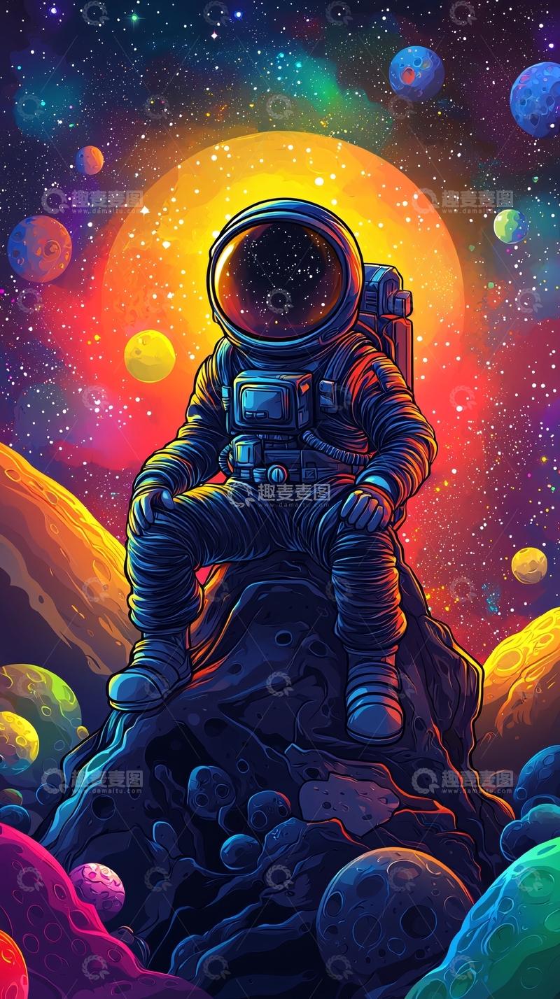高清大图下载【趣麦麦图】宇宙探险家坐在星球上
