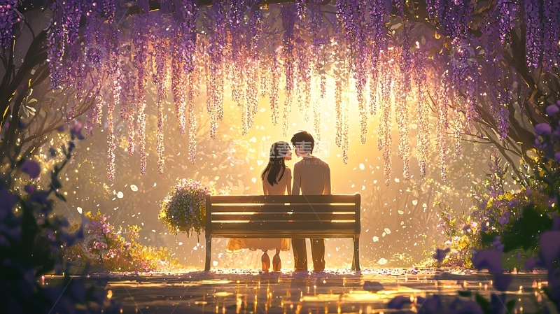 高清大图下载【趣麦麦图】情侣浪漫紫藤花雨