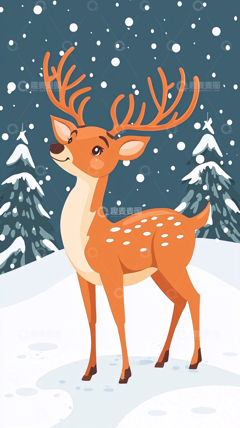 高清大图下载【趣麦麦图】圣诞驯鹿雪地卡通图