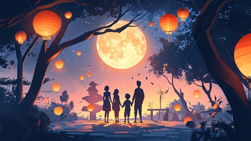 高清大图下载【趣麦麦图】中秋节全家赏月